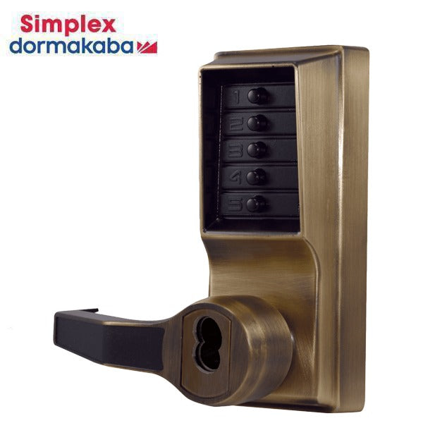 Simplex - LL1021R - Mechanical Pushbutton Cylindrical Lever Set - Less Core - LFIC Sargent - 23⁄4" Backset - Antique Brass - LH/LHR