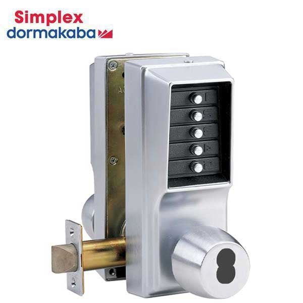 Simplex - EE1021M - Mechanical Pushbutton Cylindrical Knob Set Lock - Double Sided - Entry & Egress - LFIC - 23⁄4" Backset - Satin Chrome