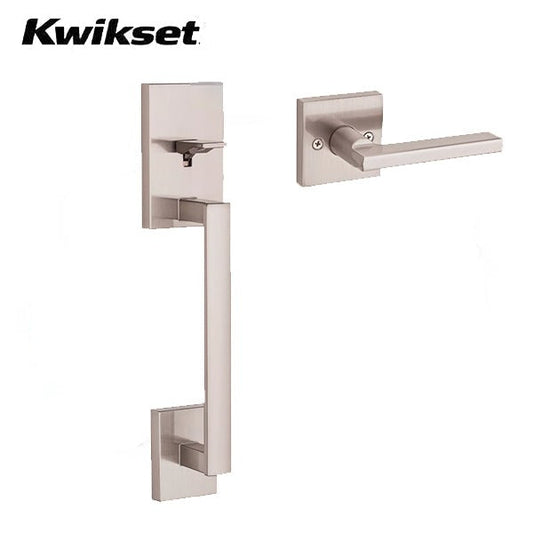 Kwikset - 818SCEXHFL - San Clemente Handleset - Halixfax Lever - Square Rose - 15 - Satin Nickel - Less Deadbolt - Entrance - Grade 1