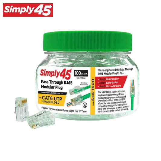 Simply45 - S45-1600 - Unshielded - Pass-Through RJ45 Modular Plugs - Green Tint - Commercial Rated - for Cat6 UTP Solid / Cat5e/6 UTP Stranded - Jar of 100