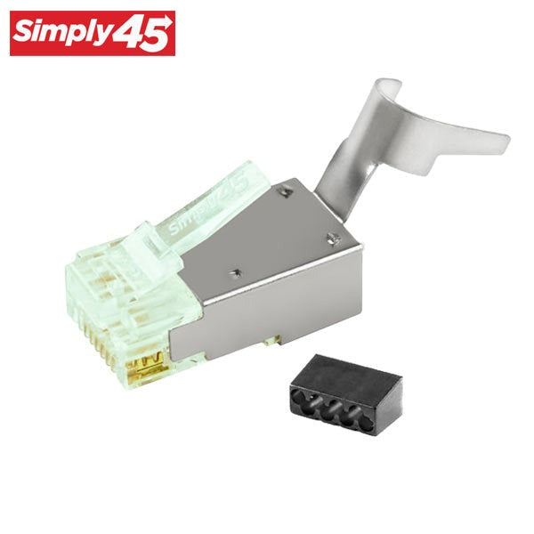 Simply45 - S45-1150 - Shielded - External Ground Standard WE/SS (8P8C) RJ45 Modular Plugs - Green Tint - Commercial Rated - w/ Bar45 Load Bar - for Large OD Cat6 STP / Cat6A F/UTP - Jar of 50
