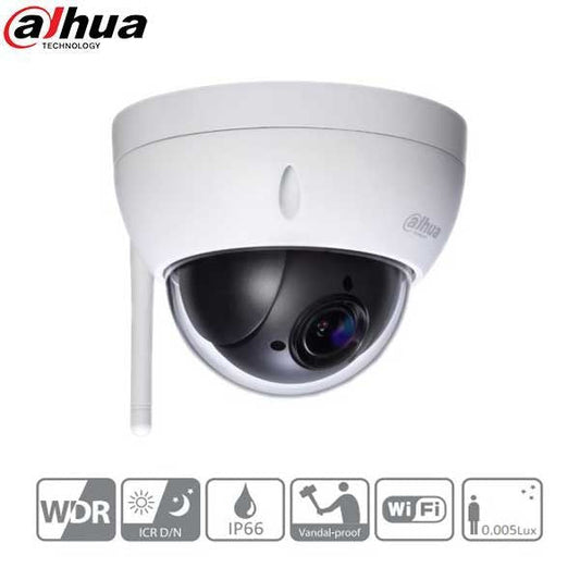 Dahua / IP / 2MP / PTZ Dome Camera / Wi-Fi / Motorized Varifocal / Starlight / 4x Zoom / 2.7-11mm Lens / WDR / IP66 / IK10 / DH-22204UENI-W