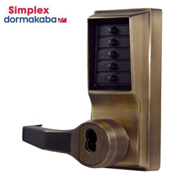 Simplex - LR1021B - Mechanical Pushbutton Cylindrical Lever Set - SFIC - 23⁄4" Backset - Antique Brass - RH/RHR
