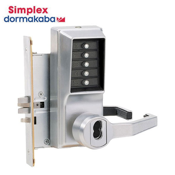 Simplex - L8146B - Mechanical Pushbutton Mortise Lever Set - Combination Entry/Passage Function With Key Override - LFIC Prep - 23⁄4" Backset - Satin Chrome - LH