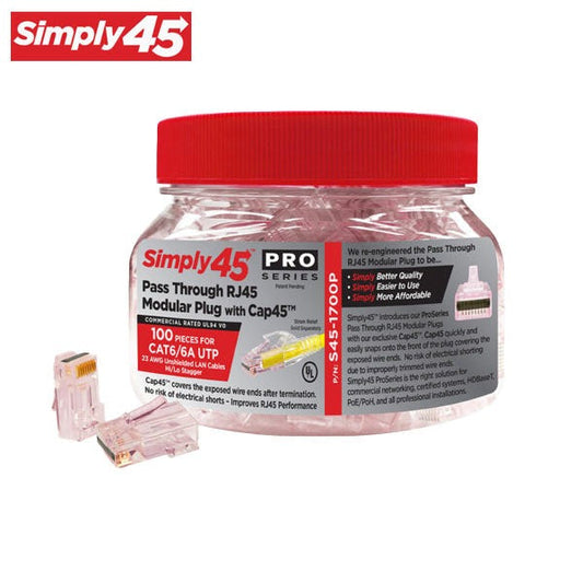 Simply45 - S45-1700P - ProSeries - Unshielded - Pass-Through RJ45 Modular Plugs - Red Tint - Commercial Rated - w/ Cap45 - for Cat6/6a UTP - Jar of 100