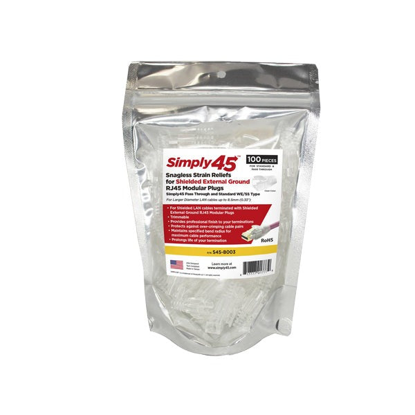 Simply45 - S45-B003 - Integrated Strain Reliefs - Clear - Commercial Rated - for Simply45 Unshielded Pass-Through / Standard RJ45 Cat6/Cat6a Modular Plugs - Resealable Bag of 100